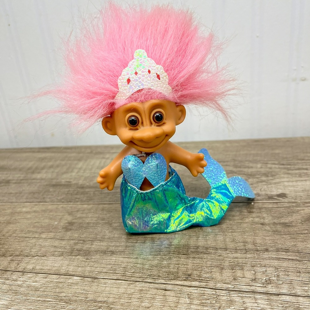 Vintage Russ Mermaid Troll Doll Pink Hair Iridescent Tiara Blue Tail 3 Inch